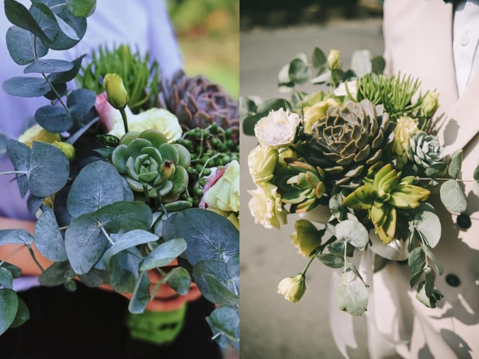 A compact, elegant bouquet featuring a blend of succulents and white florals. Source_ Succulents and Cactus Vietnam Facebook Group