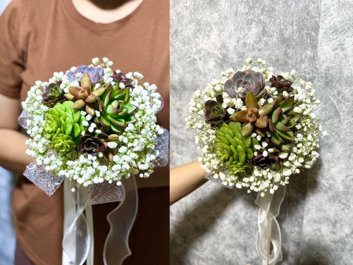 A fresh and airy bridal bouquet with succulents and soft pink roses. Source_ Succulents and Cactus Vietnam Facebook Group