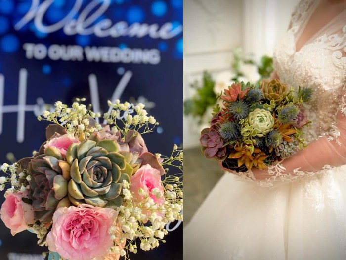 A playful mix of succulents and bright wildflowers, perfect for a whimsical wedding. Source_ Succulents and Cactus Vietnam Facebook Group