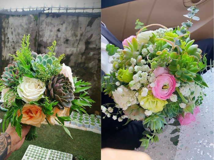 Delicate succulents paired with soft pastel flowers for a dreamy wedding bouquet. Source_ Succulents and Cactus Vietnam Facebook Group