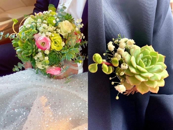 Muted greens and pale pink succulents create a serene and elegant bridal bouquet. Source_ Succulents and Cactus Vietnam Facebook Group