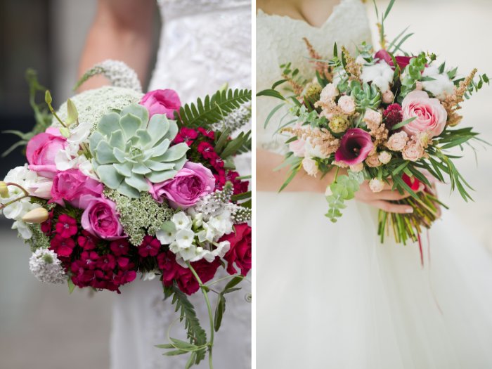 This striking succulent wedding bouquet showcases a mix of bold succulents and soft peonies, offering a beautiful contrast