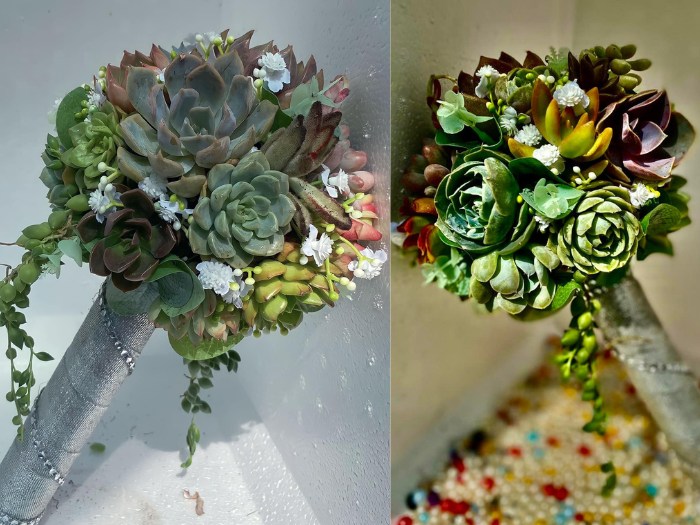 Vibrant succulents and greenery make for a bold and striking wedding bouquet. Source_ Succulents and Cactus Vietnam Facebook Group