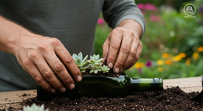 Before planting, add a light layer of soil to the bottle.