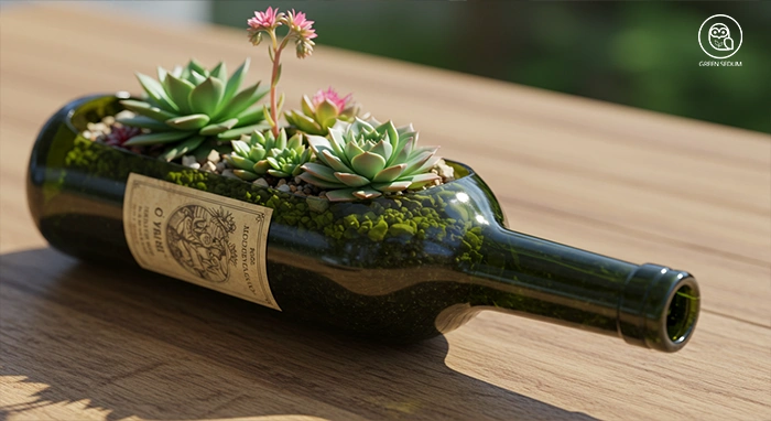 Wine bottle succulent planter with a drainage hole