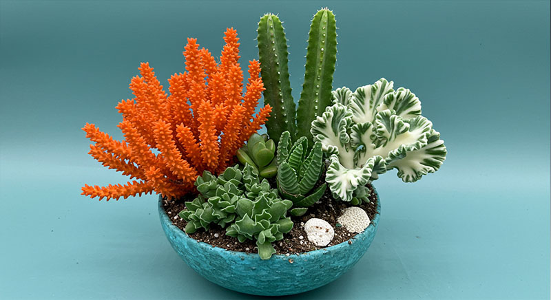 Succulents with coral-like branches Firesticks Gollum Jade and Variegated Euphorbia